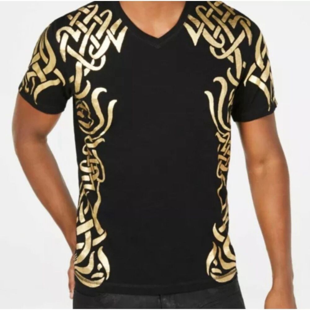 INC International Concepts Gold Foil Celtic Print Black SS T-Shirt Men's XL
